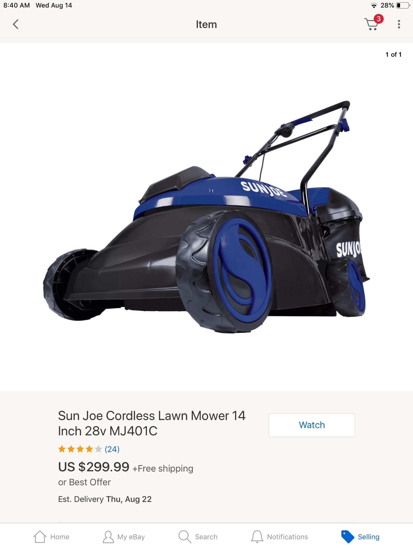 Sun Joe Cordless Lawn Mower 14 Inch 28v MJ401C