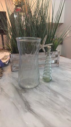 2 (glass pieces)vase 9.5” x5” & olive oil jar w/lid attached 8” x2” at base