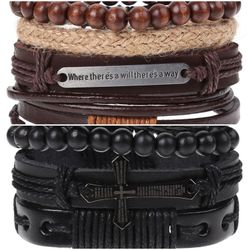 2 x Set Adjust. Size up to 9.5inc Leather Bracelet, (Will/Way-Cross)