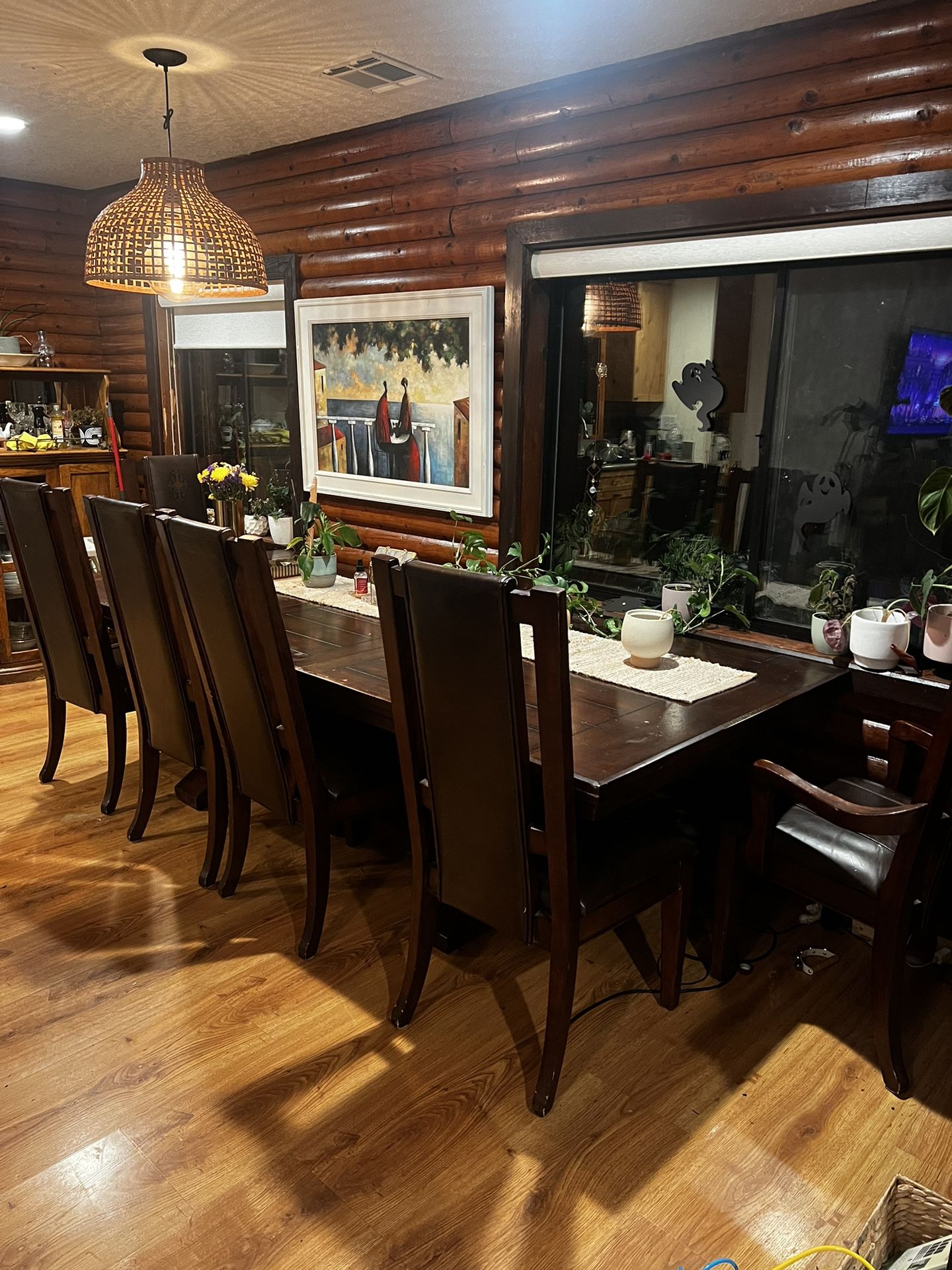Rustic Solid Wood Dining Table with 6 Leather Chairs – 8.5ft Long