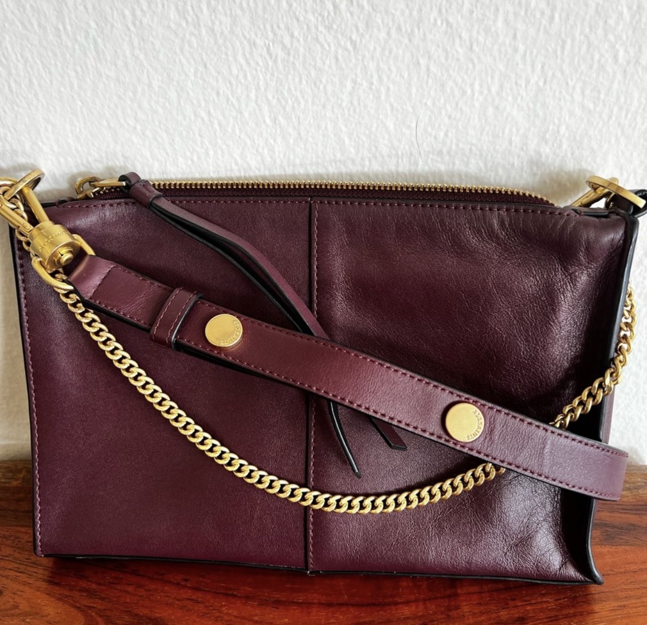 AllSaints Crossbody Bag Eve Leather Burgundy Gold Chain