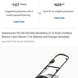 Greenworks 80V Lithium-Ion 21" Self Propelled Mower With Two Batteries and Charger