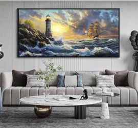 CHATYOUNG Large Wall Art Living Room, Ocean Sunrise Big Waves Framed Wall Pictures Beach Sailboat Lighthouse Landscape Canvas Paintings for Bedroom Di