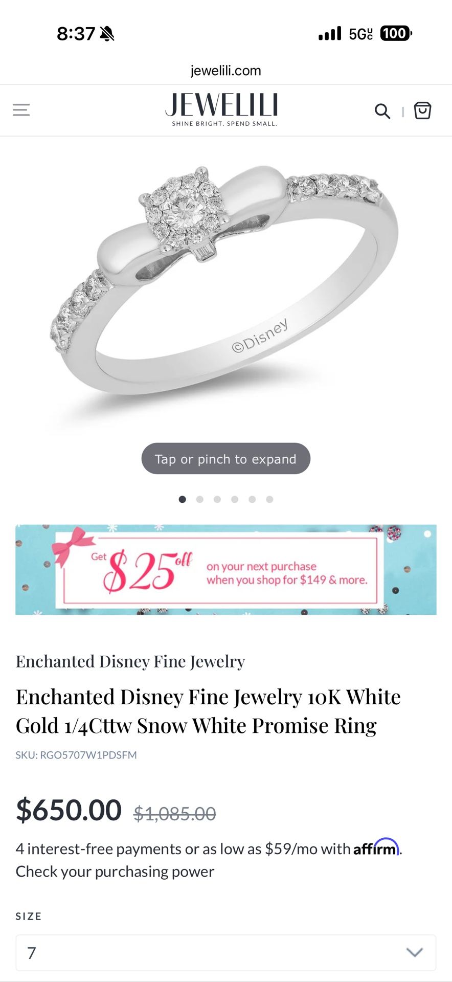 Enchanted Disney Fine Jewelry 10K White Gold 1/4 CTTW Snow White Promise Ring