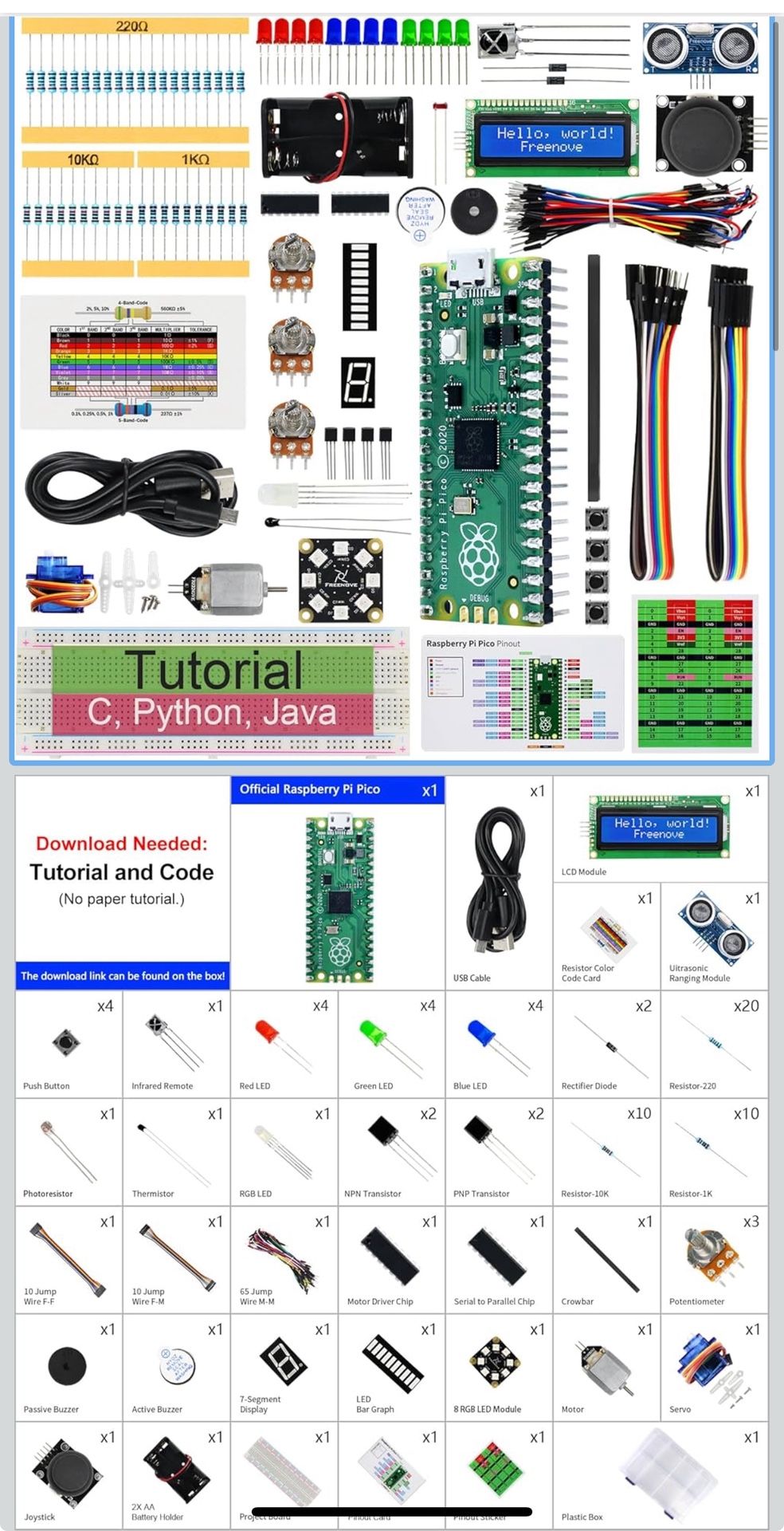 FREENOVE Super Starter Kit for Raspberry Pi Pico (Included), Dual-core Arm Cortex-M0+ Microcontroller, 588-Page Detailed Tutorial, 177 Items