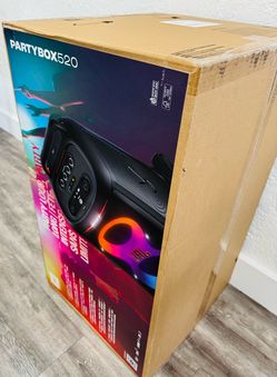 Powerful JBL PartyBox 520 portable speaker has built-in light show and telescopic handle with wheels. This black Bluetooth speaker is IPX4 splashproof