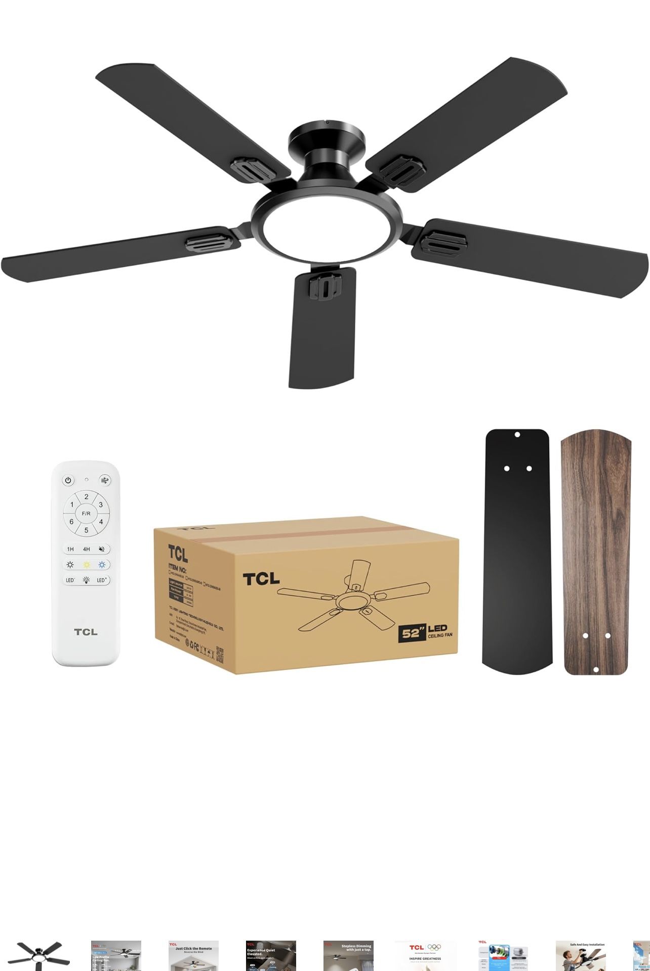 TCL Ventilador de techo de perfil bajo de 52 pulgadas con luz, delgado, negro, montaje empotrado, motor reversible de CC, 6 velocidades, control remot