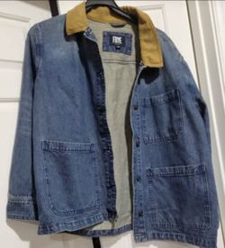 NWT XXL blue denim barn jacket from Frye tan corduroy collar & large front patch shacket