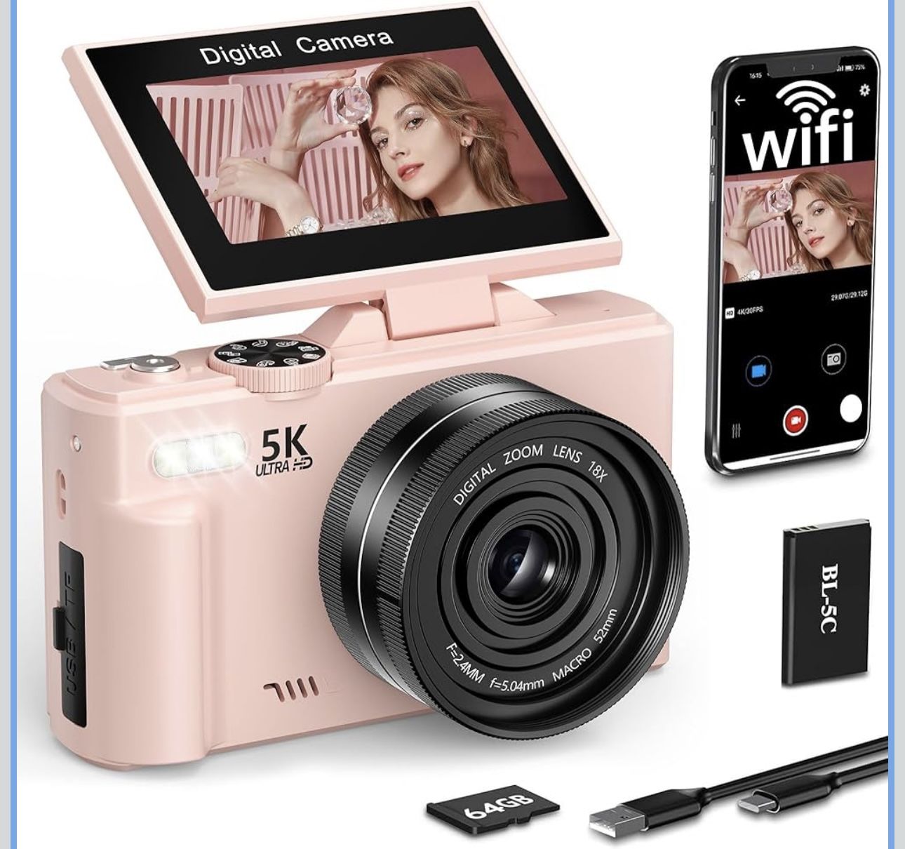 FLATIC Digital Camera, 5K 75MP Cameras for Photography with WiFi & 64GB TF Card, Autofoucs Vlogging Camera for YouTube with 180° Flip Screen, Compact