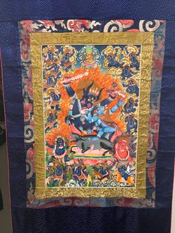 Hand-Painted Tibetan Thangka – Yama Dharmaraja, Silk Brocade Scroll (26x50)
