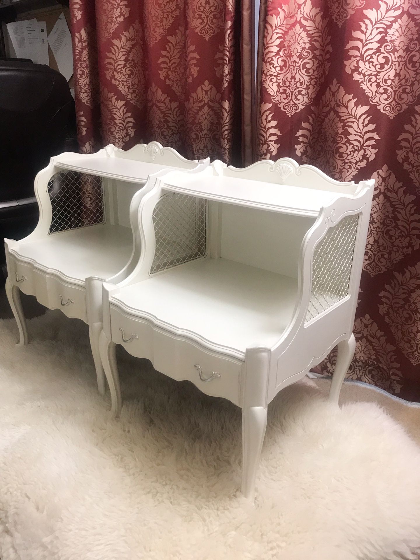 French Provincial white real wood side tables/nightstands