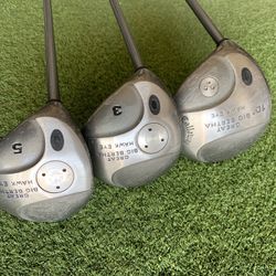 L.H. Callaway Set #1, #3, and #5 Woods Driver, #3 , and #5 Fairway Woods. Great Big Bertha Hawk Eye. Regular Flex Graphite Shafts. 