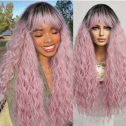Human hair blend Beautiful pink ombre curly wave wig