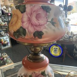 Gorgeous Hand painted Vintage Hurricane Lamp
