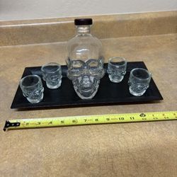 Crystal Head Skull Vodka Glass Bottle, 4 Skull Shot Glasses & Tray