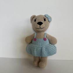 Wuaman Kids 8” Handmade Crochet Bear With Blue Bow And Dress - Sold Out Online