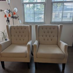 2 Overstock Linen Button Tufted Wingback Chairs