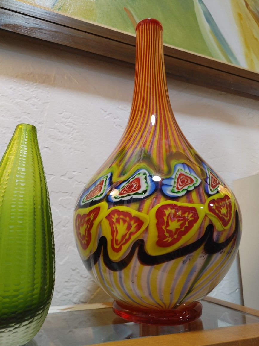 Beautiful Vintage 1960's Murano Blown Glass Italian Millefiori Patterned Stripe Art Glass Vase