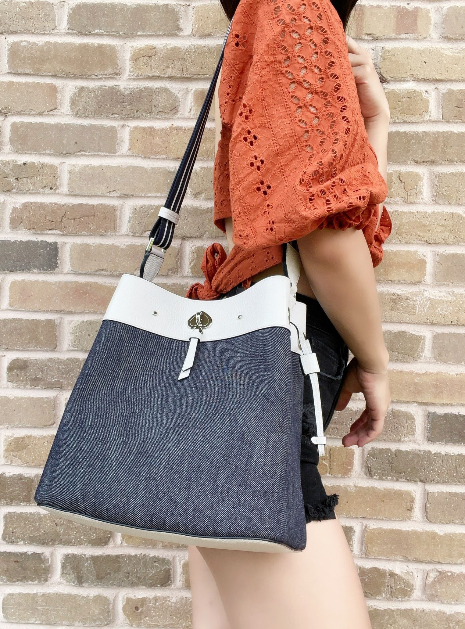 Kate Spade Marti Large Bucket Shoulder Bag Crossbody Denim White