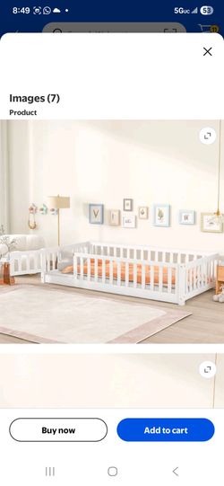 Twin Size Floor Platform Bed for Kids, Montessori Bed Frame with Fence-Shaped Guardrails and Door Solid Wood Platform Bed Frame with 7 Slats Support f