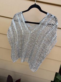Metallic Silver Open Knit Sequin V-Neck Poncho / Cover-Up Top - Free Size / Relaxed Fit