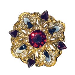 Vintage Jewelry Brooch Pin Authentic Graziano Crystal Multicolor Paved Cabochon Rhinestone Pearls Gold Tone