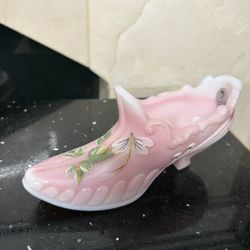 Oversized Fenton Glass Rosalene Pink Hand Painted Shoe Artist Signed