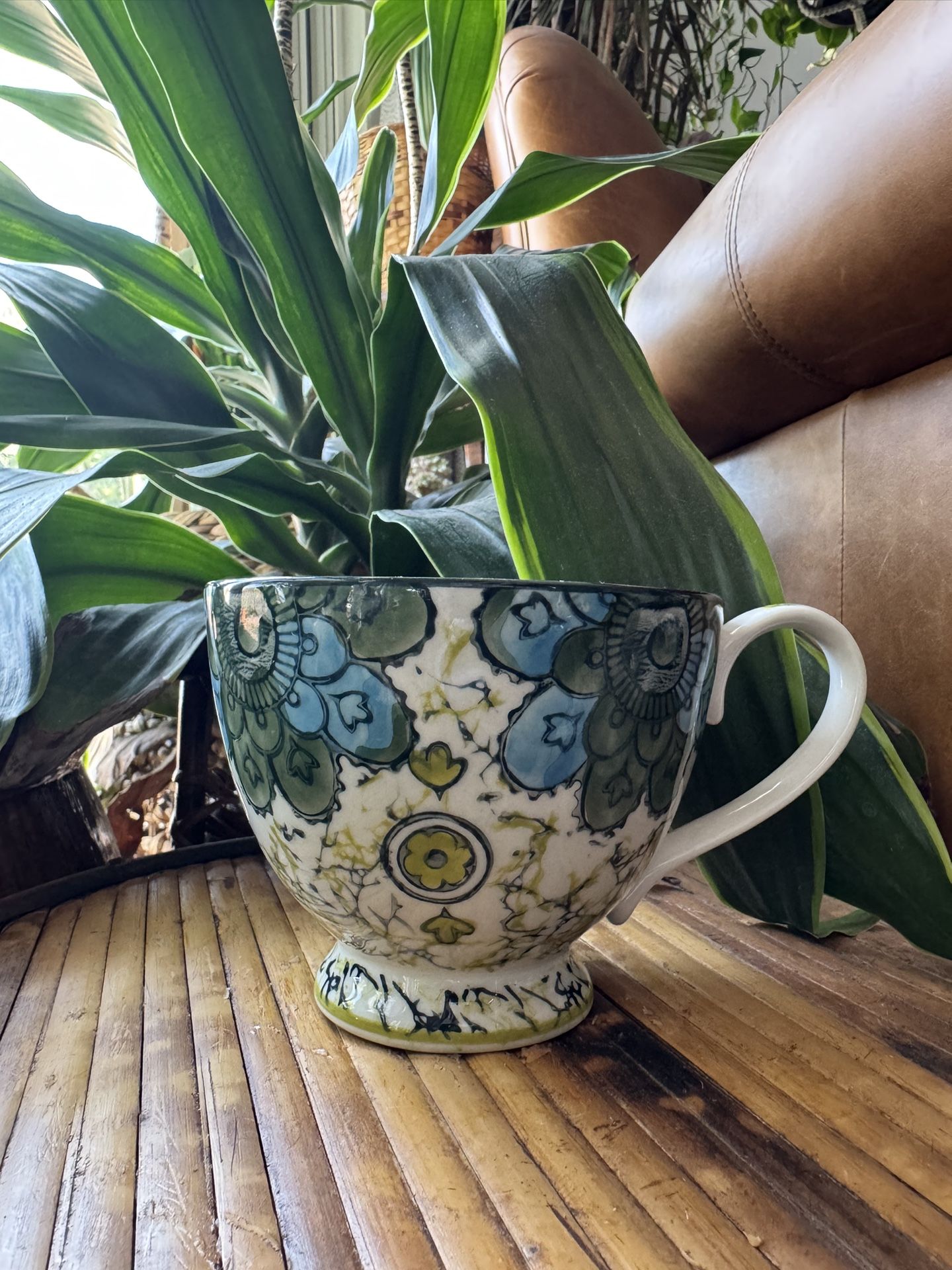 Anthropologie Kebaya Mandala Floral Footed Cup Mug Green Blue Marble Crackle Tea Coffee Boho Coastal