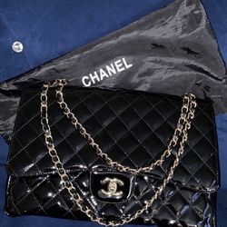 Chanel Classic Double Flap Quilted Patent Leather Silver-tone Medium Black  - GB