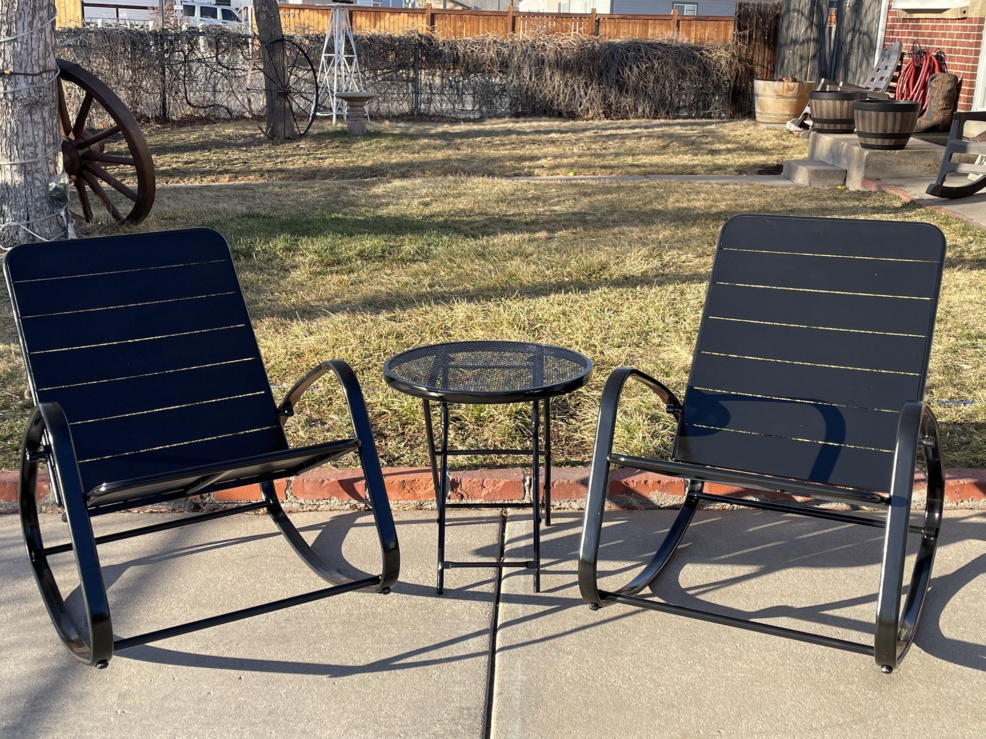 3 PIECE BLACK METAL ROCKING CHAIRS WITH LITTLE TABLE