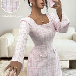 Pink And White Plaid Knitte Stretch Mini Dress