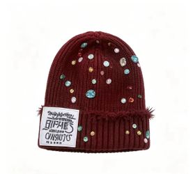 Designer Burgundy Rhinestone Embellished Knit Beanie