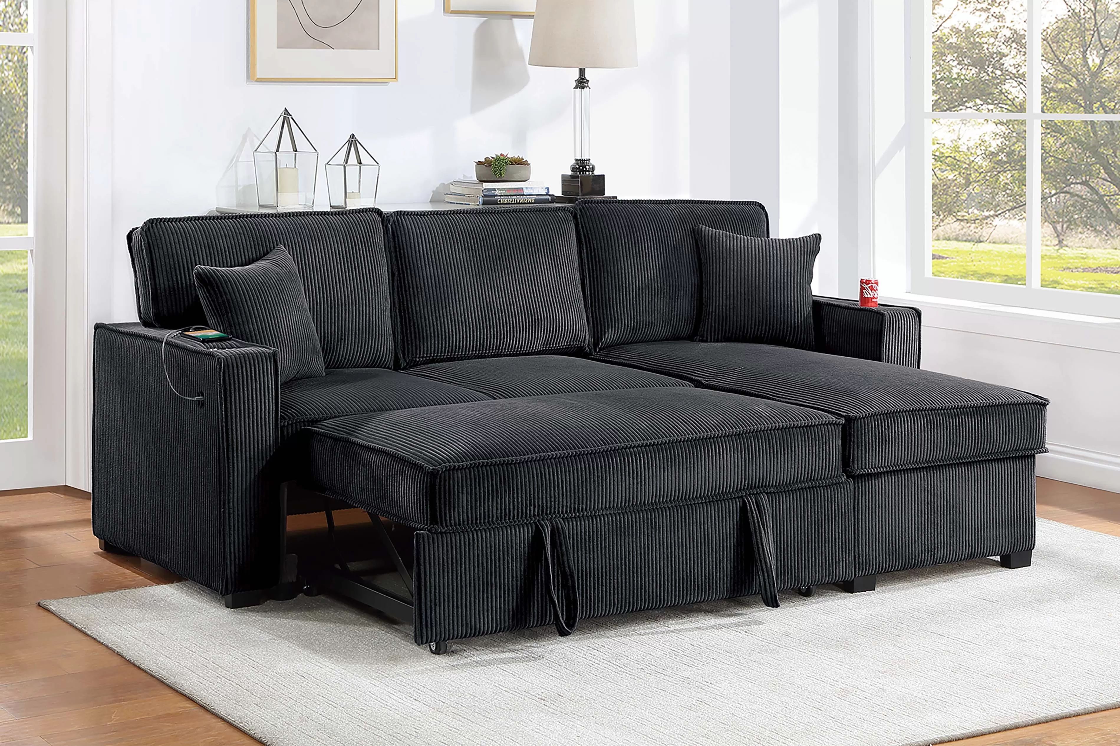 Brand New Black/Gray/Brown/Biege Corduroy Reversible Storage Chaise W/ Cup Holder & USB & USB C Port (89 x 34 x 36H)