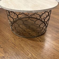 Round Marble Top Coffee Table w/ Metal Lattice Base
