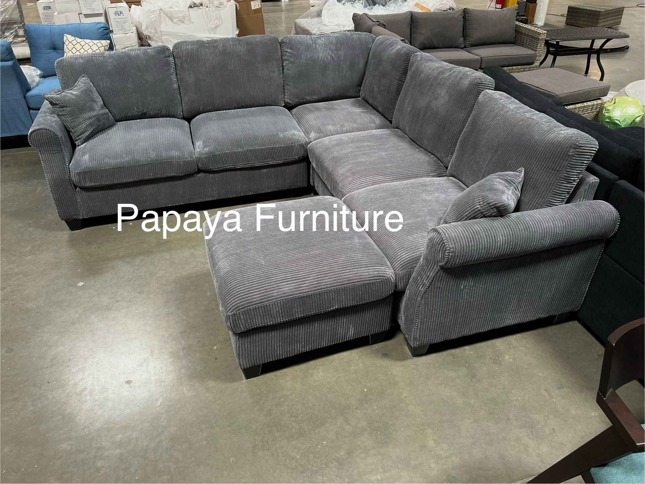 New Plush Dark Grey Sectional Sofa And Ottoman, Sectionals, Sofa, Couch, Grey Couch, Grey Sofa, L-Shaped Sofa, Plush Sectional Couch,Living Room Sofa.