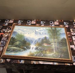 Woodland Stream Mountain Painting Canvas Signed Wood Framed 26x38