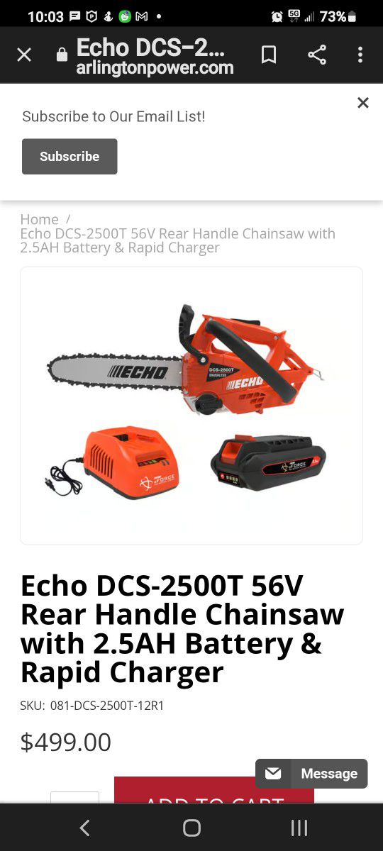 Echo DCS-2500T 56V Rear Handle Chainsaw with 2.5AH Battery & Rapid Charger

