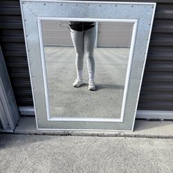 Decorative Wall Mirror – Distressed Silver Frame with Nailhead Trim