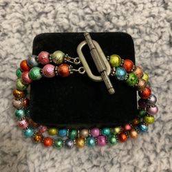 Double Strand Metallic Colorful Beaded Bracelet With Silver Tone Accent Decor