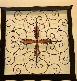 Decorative Metal Wall Art with Bronze Cross Accent - Black Frame
