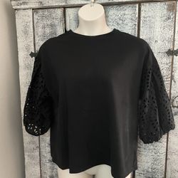 A New Day Black Top With Crochet Sleeves Size XL