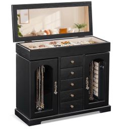 Jewelry Box for Women Girls, Wooden Jewelry Organizer Box with Mirror, 5 Layer Jewelry Storage Case Display for Necklaces Earrings Rings Bracelets