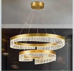 #1928N-Modern LED Chandelier 2 Ring Gold Penndant Light Fixture for Dining Room Dimmable Flush Mount Chandelier with Remote Control for Living Room Be