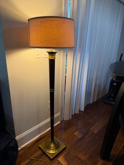 Vintage/Traditional Brass & Dark Wood Floor Lamp with Linen Drum Shade 58”