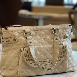 Kate Landry Leather Shoulder/Satchel Cream/Tan Purse Handbag Chain Accents