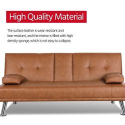 Brown Faux Leather Upholstered Modern Convertible Futon w/ Cupholders And Pillows