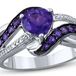 Amethyst & Diamond Heart Ring Sterling Silver