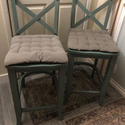 2 Pastel Green Matching Wooden Bar Stools w/ Cushions