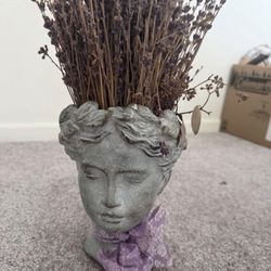Antique Sturdy Face Vase With Dried Lavendar 