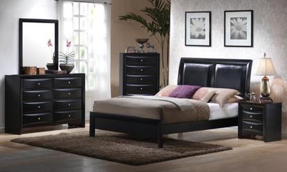 4PC QUEEN BEDROOM SET: QUEEN BED FRAME, DRESSER, MIRROR, NIGHTSTAND--BLACK WOOD